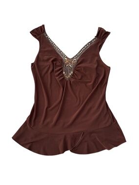 Y2K Fairycore Embellished Peplum Tank Top Brown Beaded